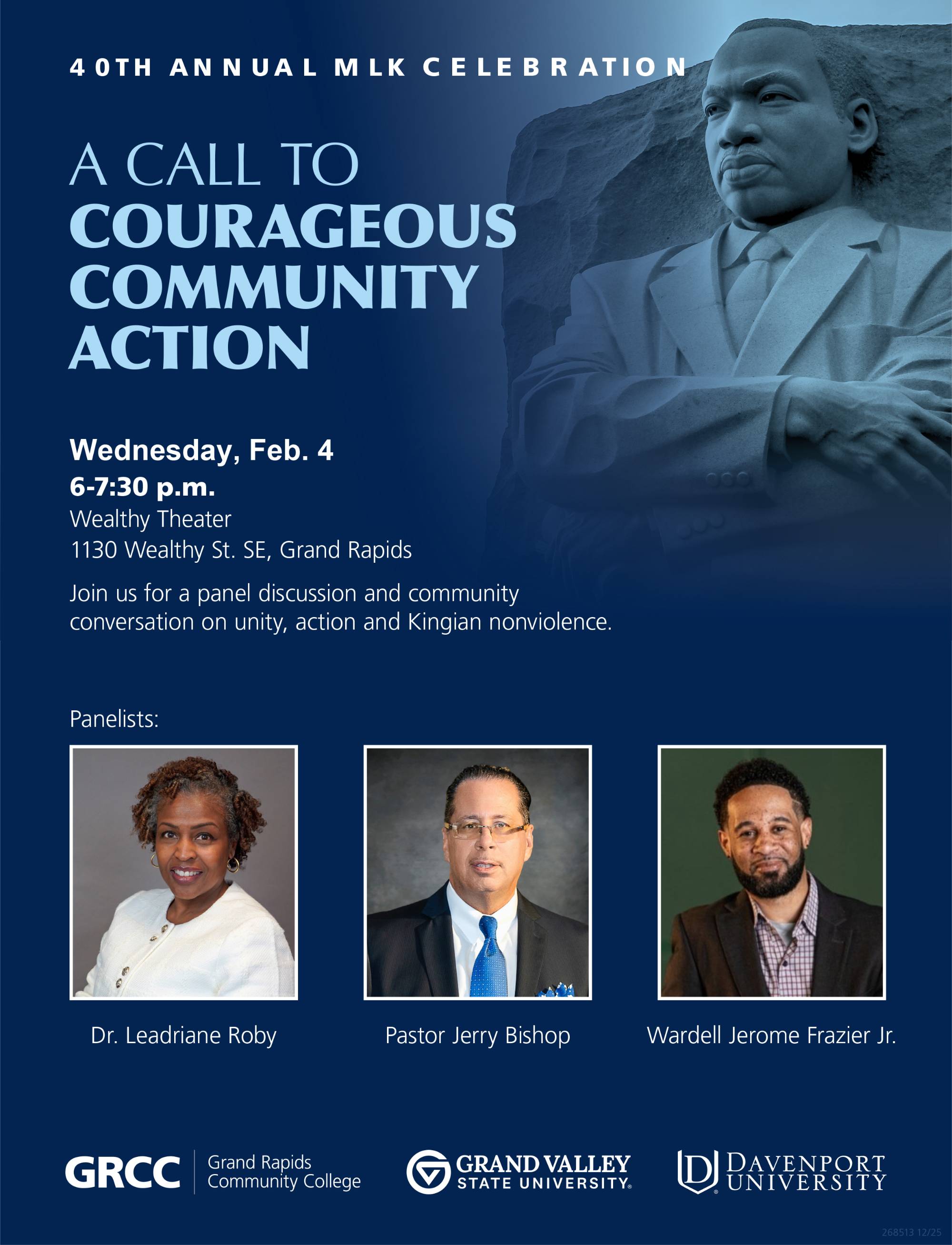 flyer for 40th Annual MLK Celebration with headshots of three panelists, event sponsored by GVSU, GRCC and Davenport University